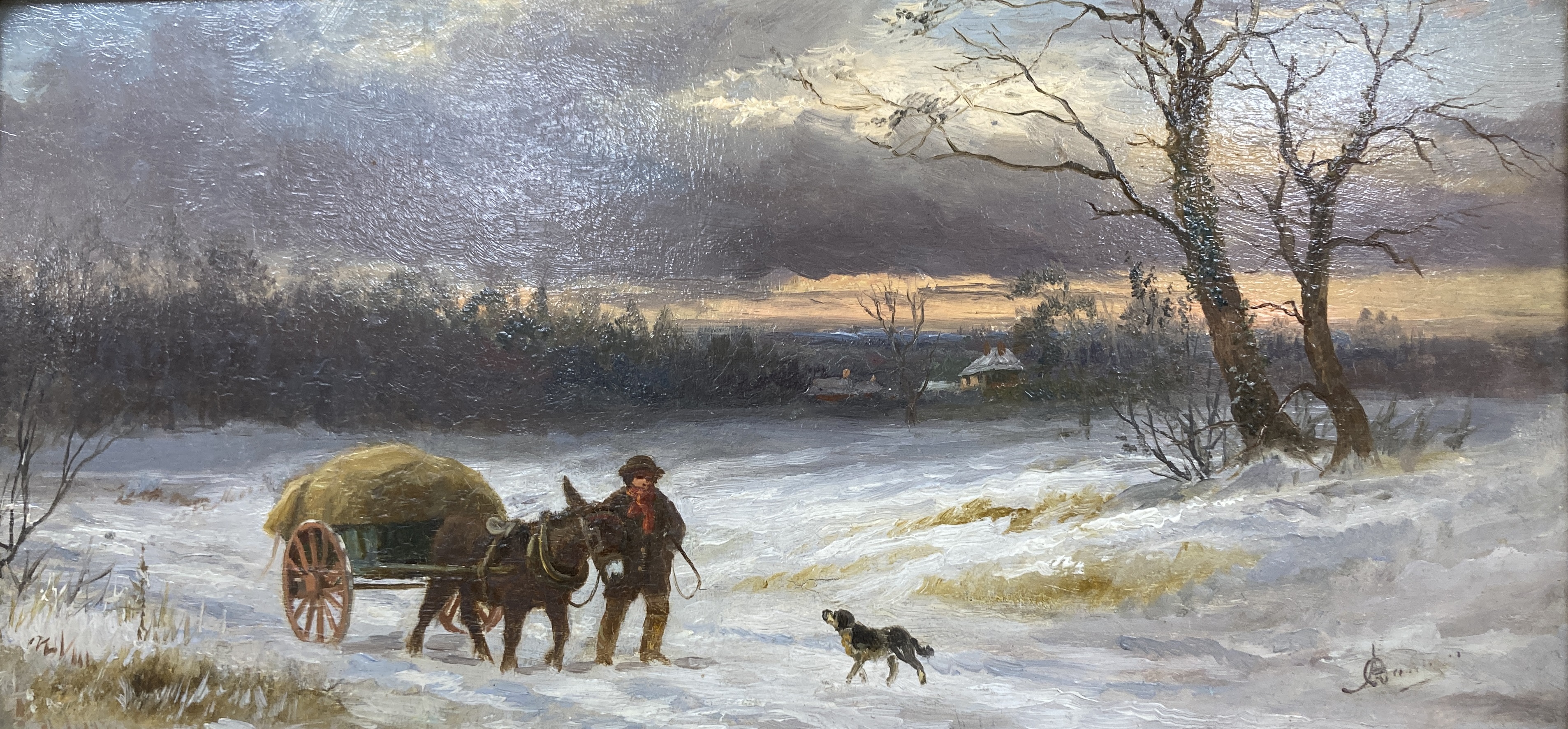 Alfred Banner (fl.1880-1915), oil on board, Carter in a winter landscape, monogrammed, 17 x 34cm